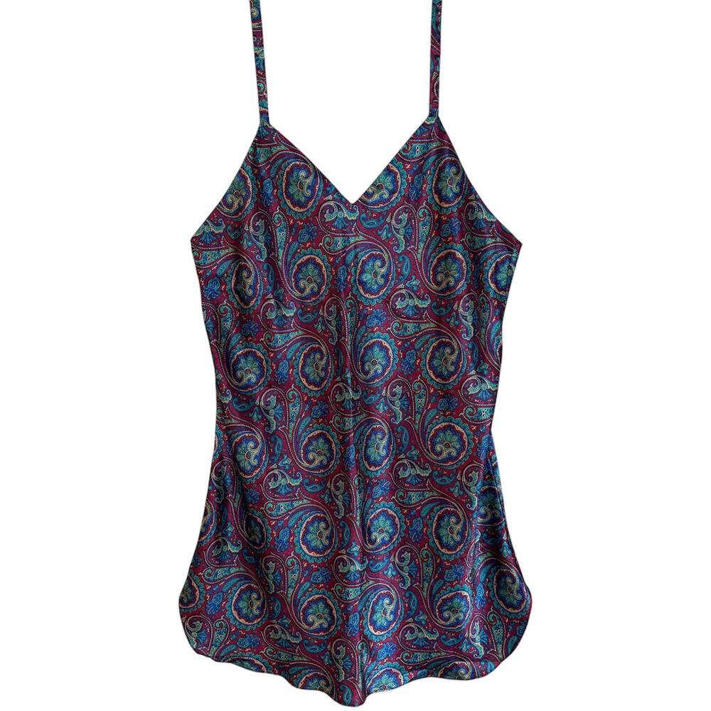 Vintage J.O. Intimates Maroon & Blue Paisley Silk Feel Slip Night Dress Size Lrg